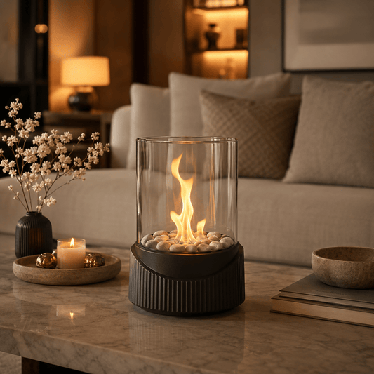 Tabletop bioethanol fireplace with glass panes
