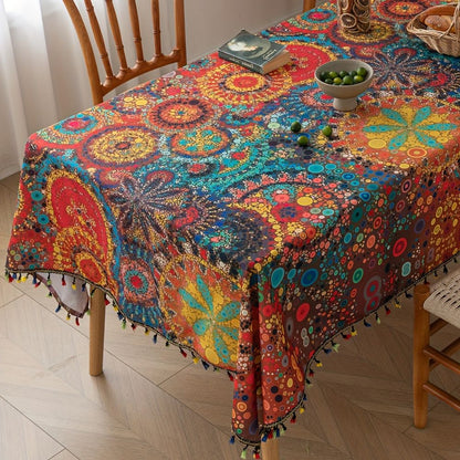 Obrus boho z frędzlami do salonu i ogrodu | Wielokolorowy wzór mandali, rozmiary 150×150 do 150×300 cm