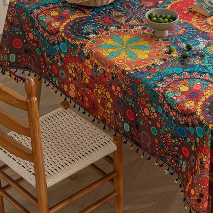 Obrus boho z frędzlami do salonu i ogrodu | Wielokolorowy wzór mandali, rozmiary 150×150 do 150×300 cm