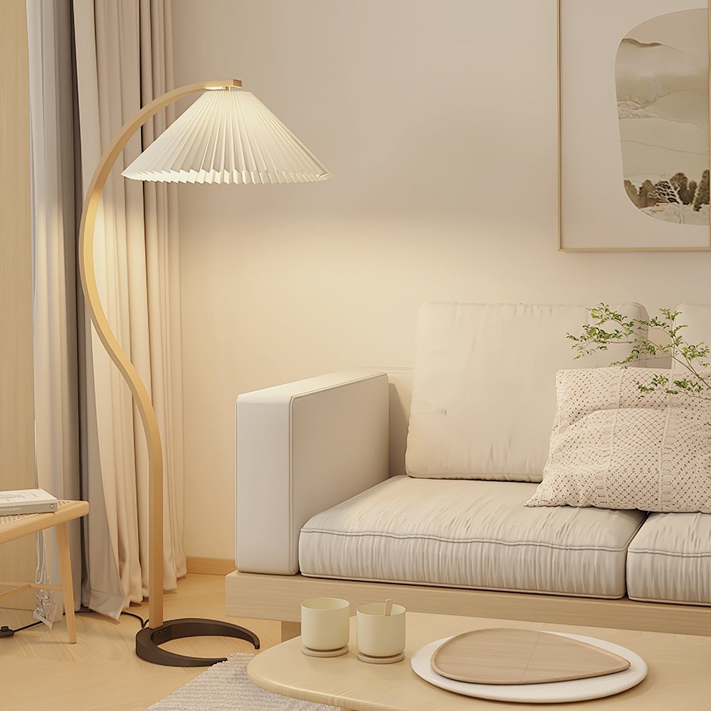 Lampa podłogowa z drewnem bukowym i metalową konstrukcją z gwintem E27
