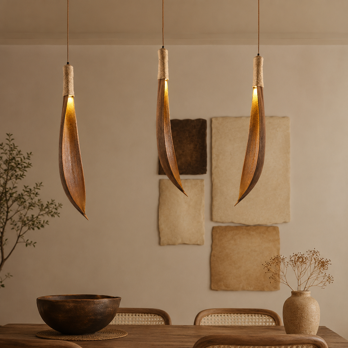 Wooden leaf pendant light