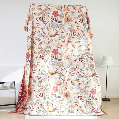 Reversible cotton blanket with fringes