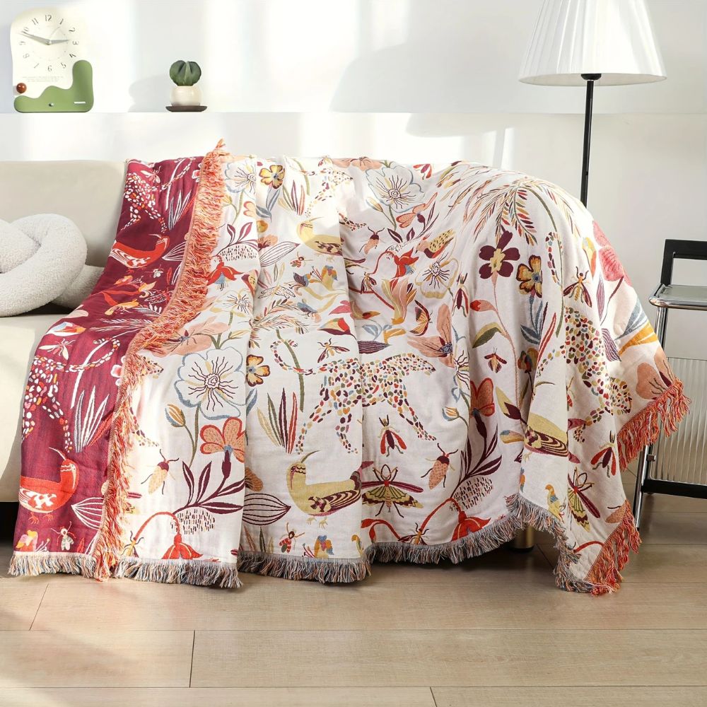 Reversible cotton blanket with fringes