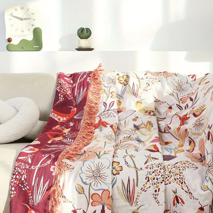 Reversible cotton blanket with fringes