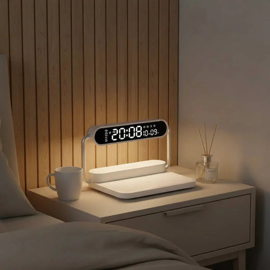 Alarm clock with wireless charging and a lamp