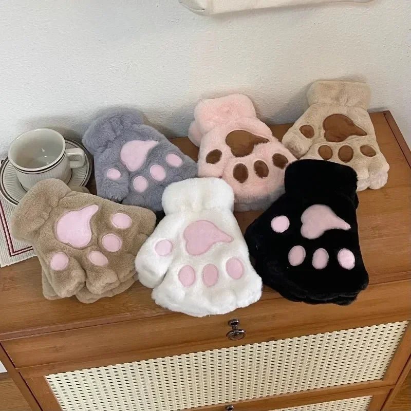 Rękawiczki z Pluszowego Fleece w Kształcie Kociej Łapki do Codziennego Użytku Zimowego