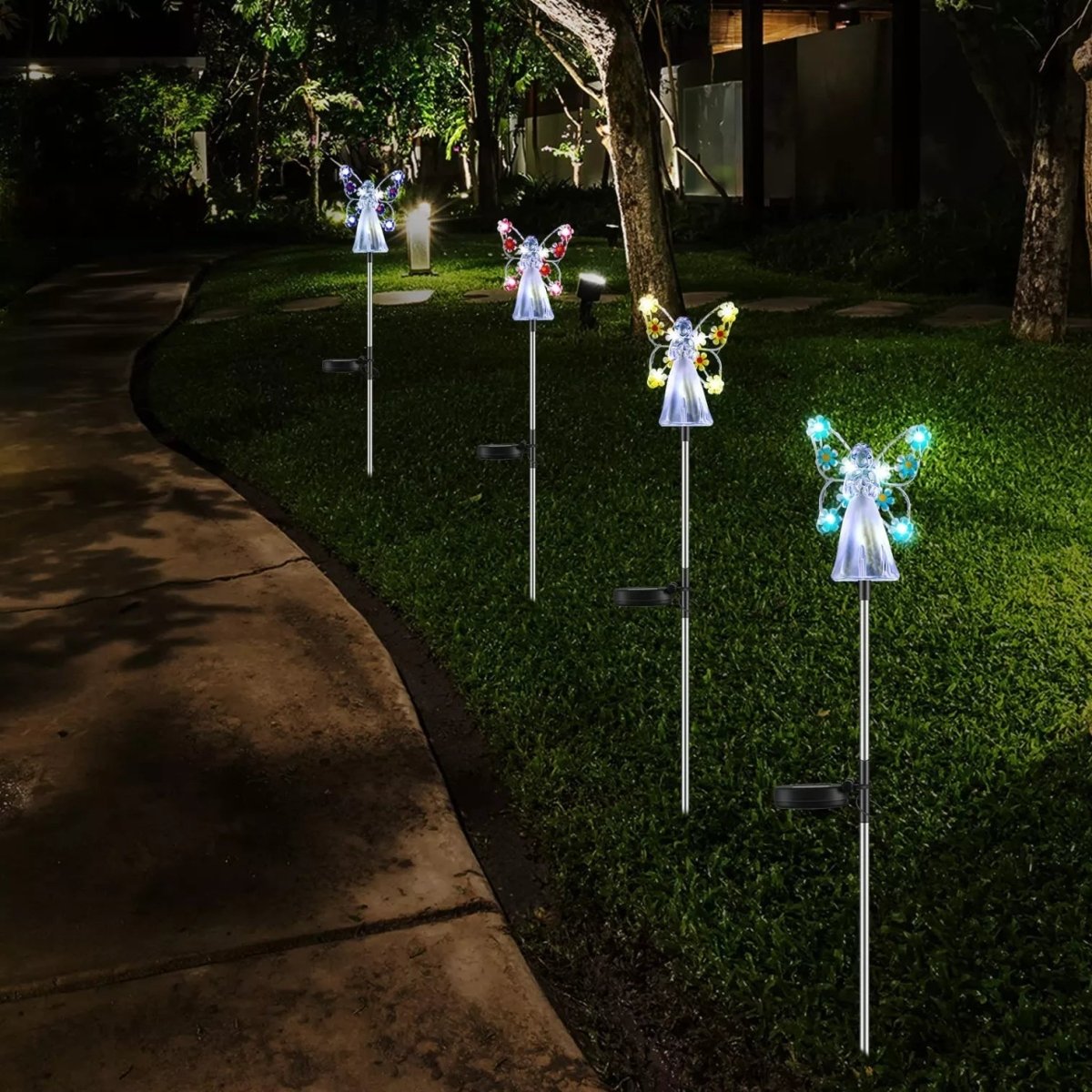 Solarna Lampa LED do Ogrodu z Motywem Skrzydeł w Kolorach Fioletowym, Różowym, Niebieskim i Żółtym