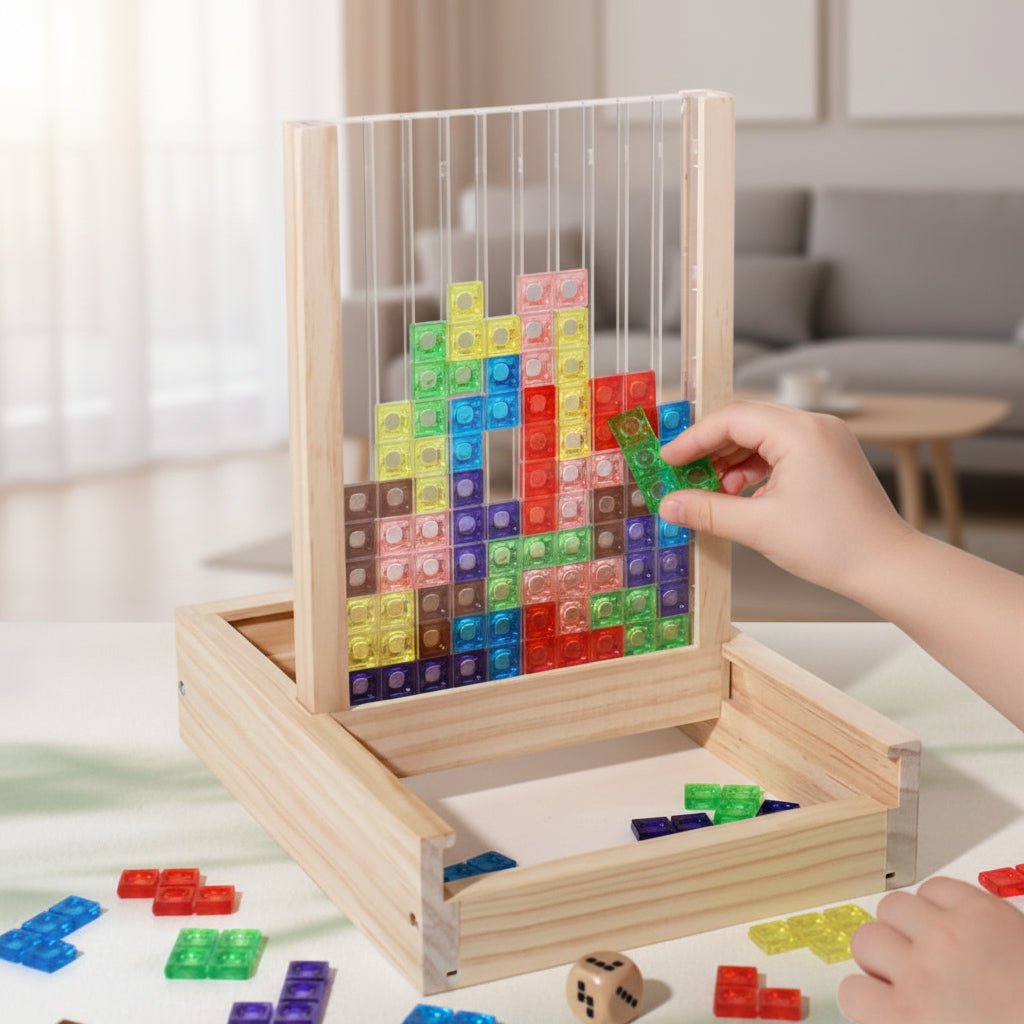 Drewniana Układanka Geometryczna z Kolorowymi Klockami do Ćwiczenia Logicznego Myślenia