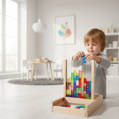 Drewniana Układanka Geometryczna z Kolorowymi Klockami do Ćwiczenia Logicznego Myślenia
