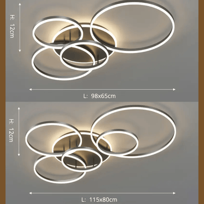 Lampa sufitowa LED z pierścieniami, ściemnianie pilotem, do dużych pomieszczeń