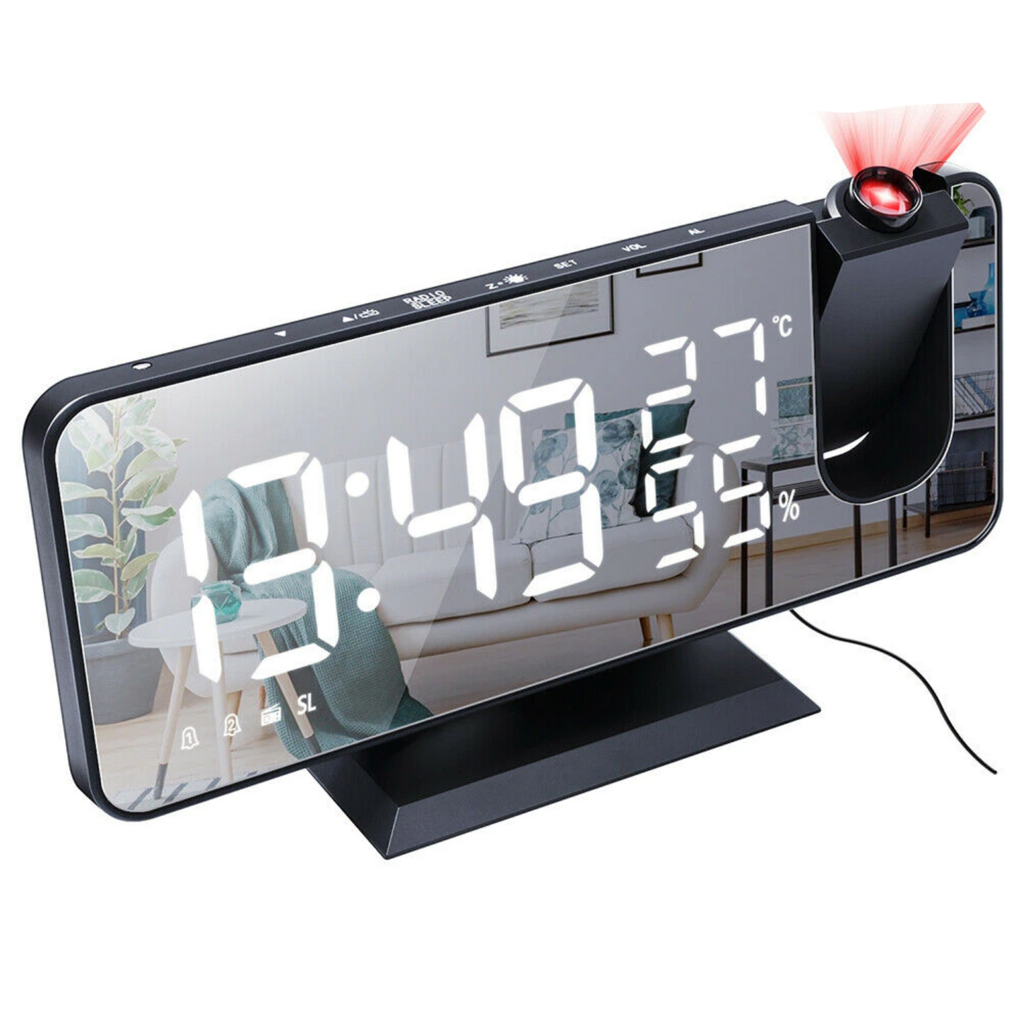 Alarm clock with a projector and climate sensor