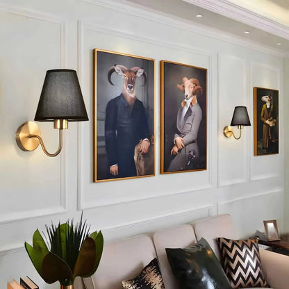 Wall light with a lampshade and gold arm