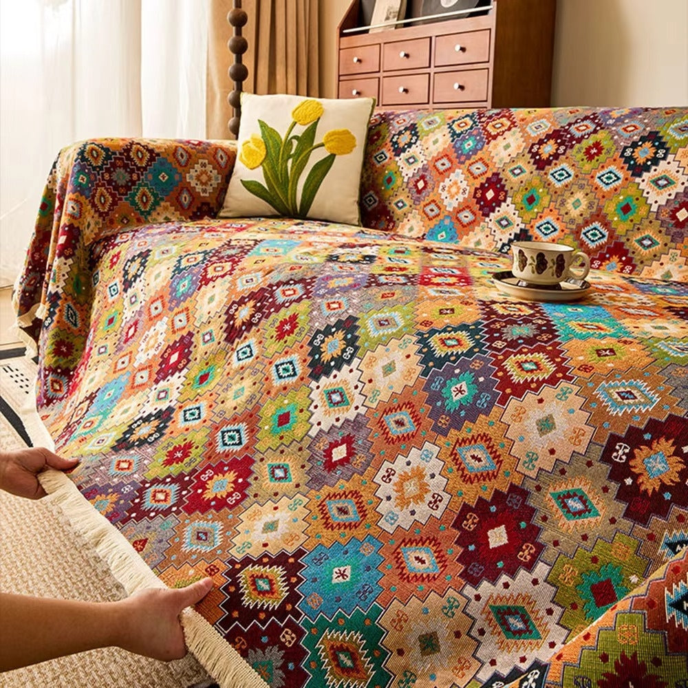 Narzuta wzór kilim z frędzlami