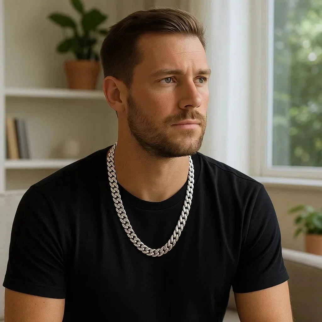 Łańcuszek Typu Miami Cuban Link 8 mm z Powłoką Srebrną i Zapięciem Skrzynkowym