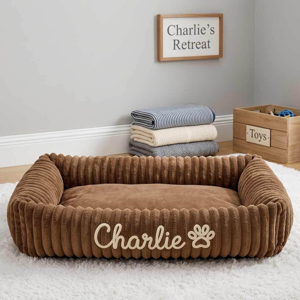 Dog bed with embroidered name