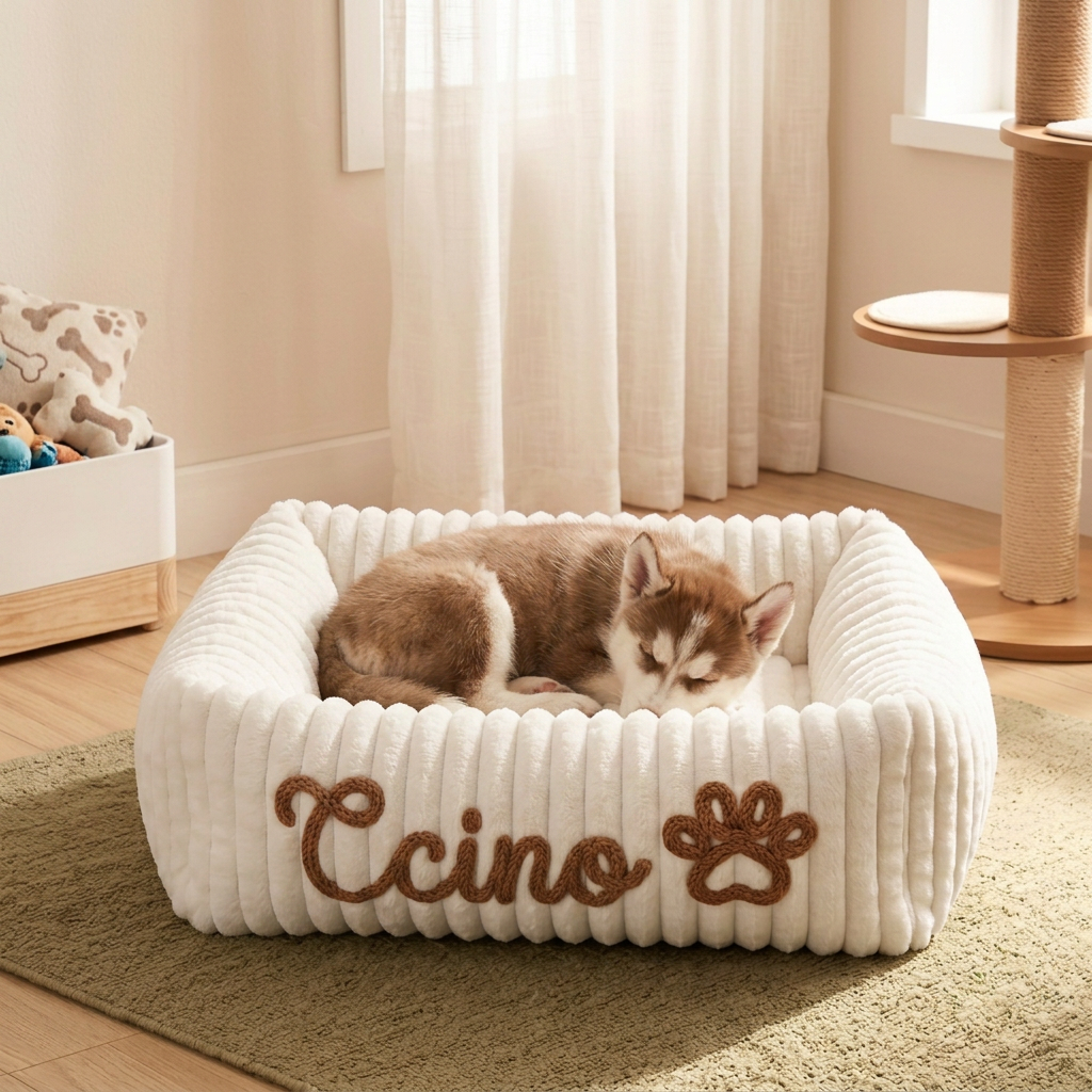 Dog bed with embroidered name