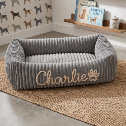 Dog bed with embroidered name