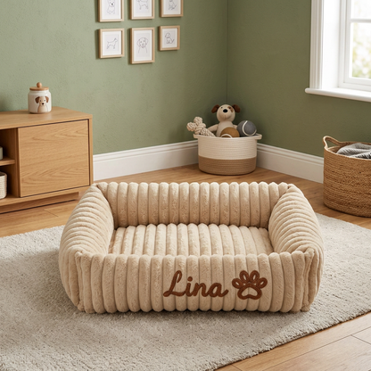 Dog bed with embroidered name