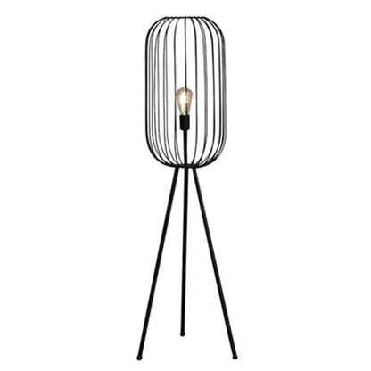 Lampa podłogowa z kloszem w formie klatki z metalu i rattanu, trzonek E27