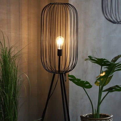 Lampa podłogowa z kloszem w formie klatki z metalu i rattanu, trzonek E27