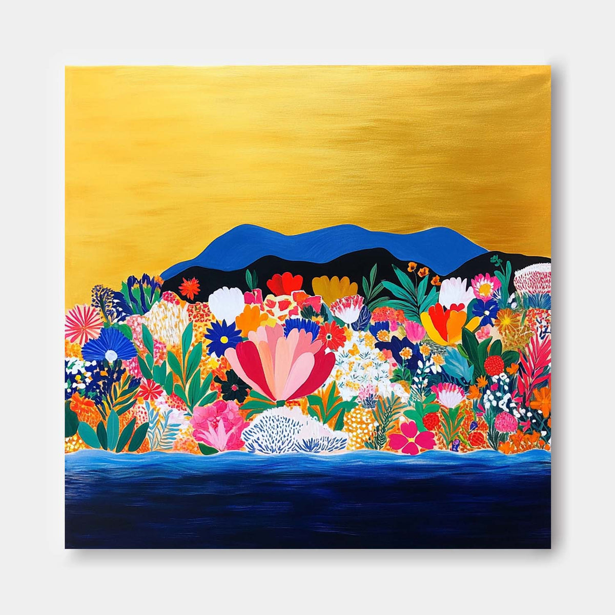 Painting of flowers and mountains