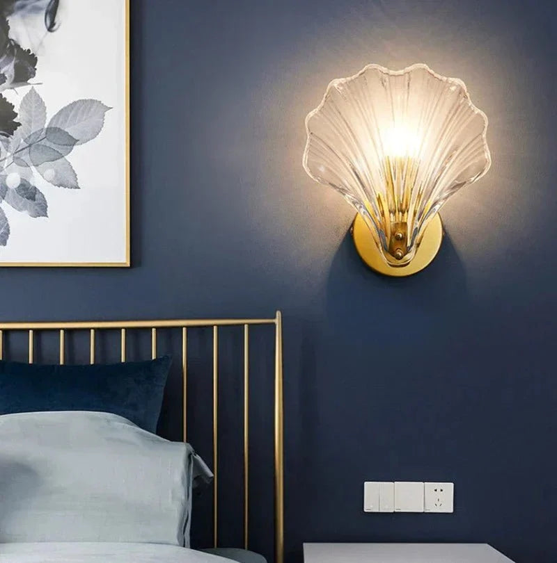 Glass wall sconce, shell, gold base