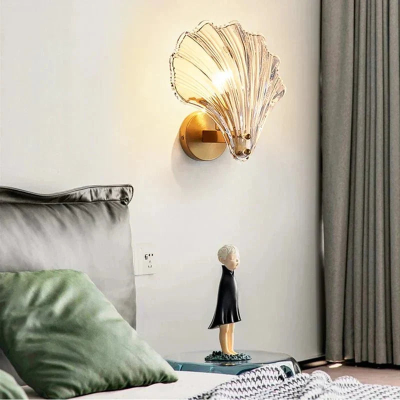 Glass wall sconce, shell, gold base