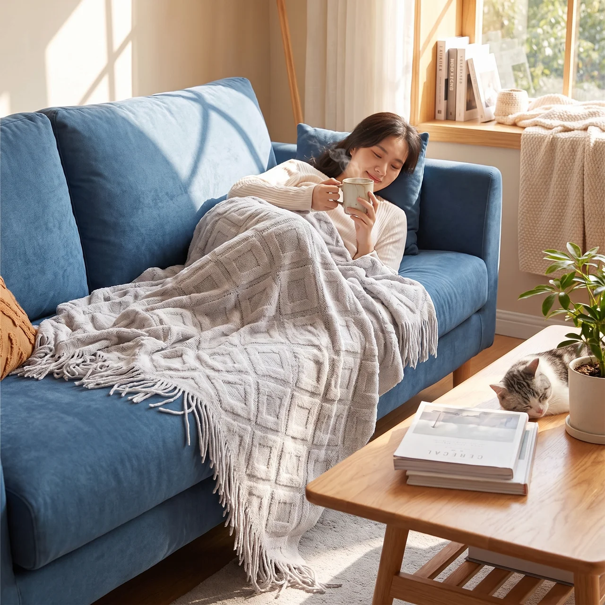 Fringed throw blanket