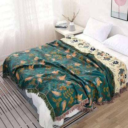Cotton blanket with birds and plants
