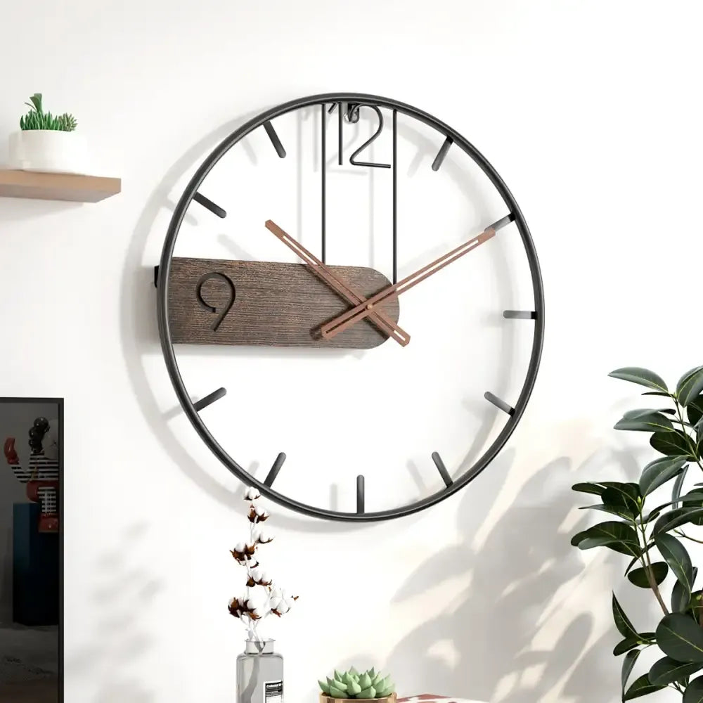 Geometric metal-and-wood wall clock