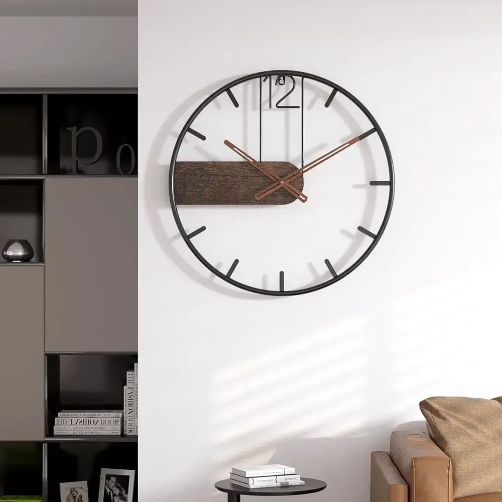 Geometric metal-and-wood wall clock