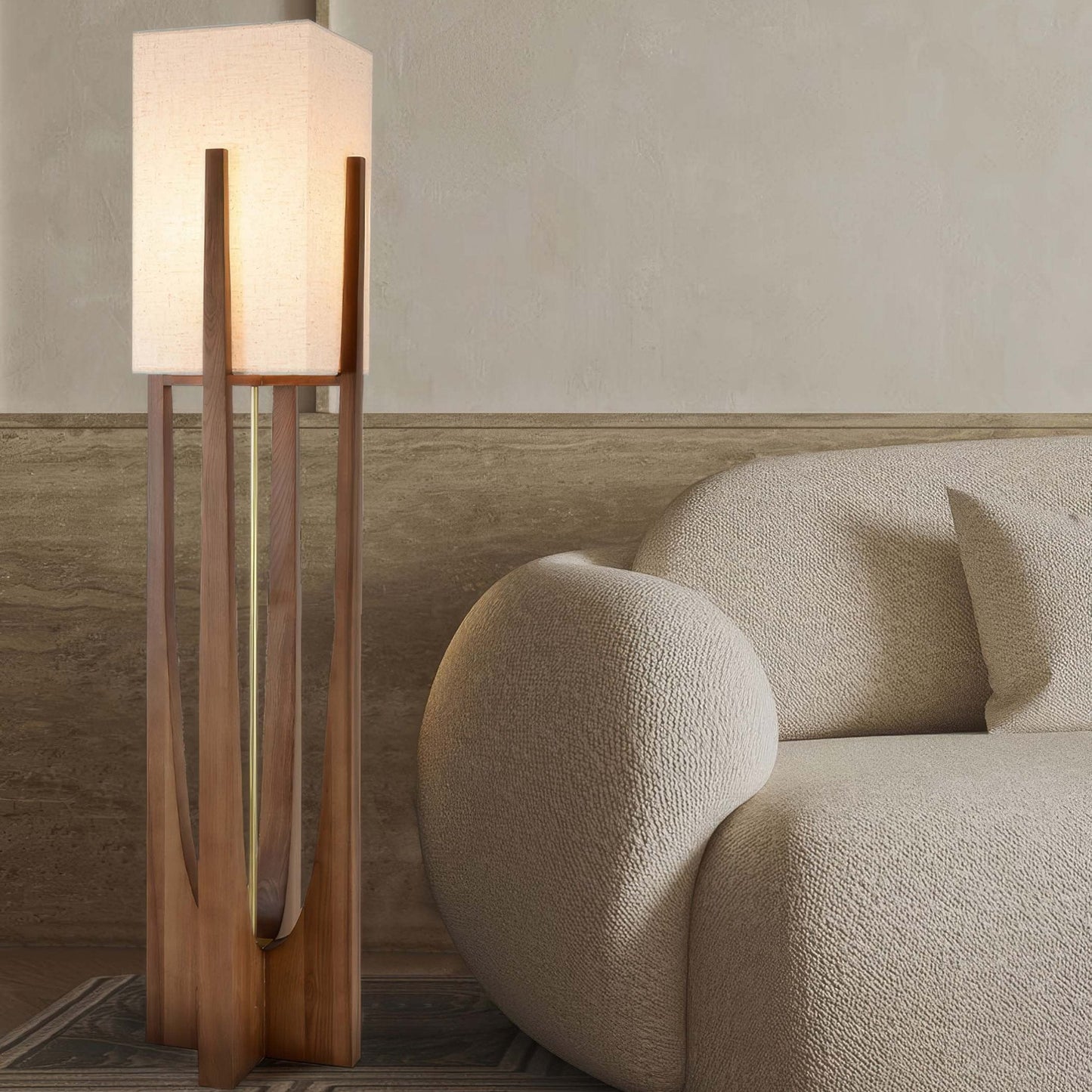 Lampa podłogowa LED E27 drewniana z abażurem tekstylnym 16–20W