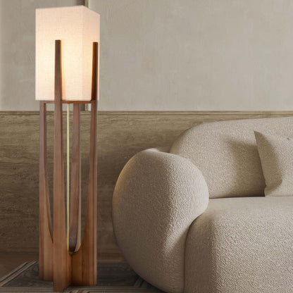Lampa podłogowa LED E27 drewniana z abażurem tekstylnym 16–20W