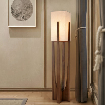Lampa podłogowa LED E27 drewniana z abażurem tekstylnym 16–20W