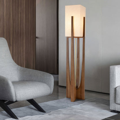 Lampa podłogowa LED E27 drewniana z abażurem tekstylnym 16–20W