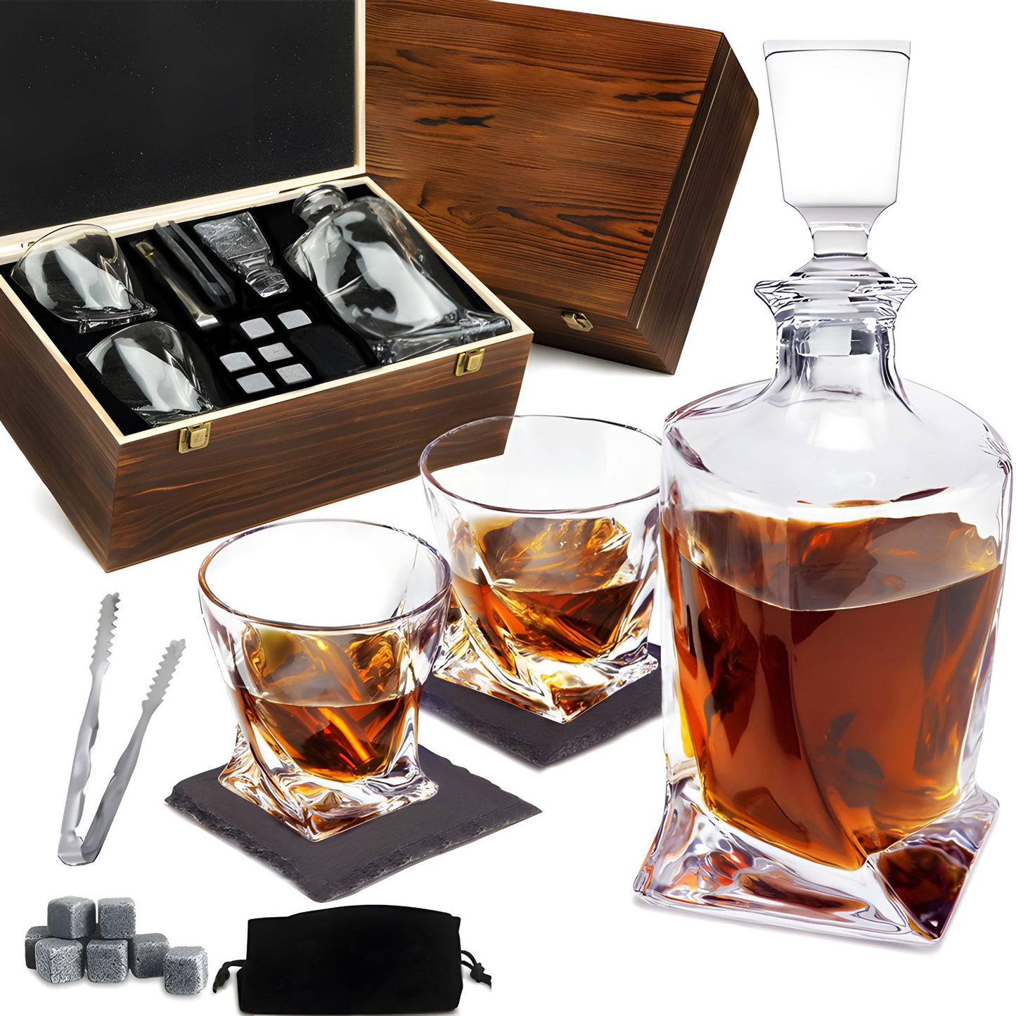 Zestaw do whisky z karafką, szklankami i kamieniami chłodzącymi