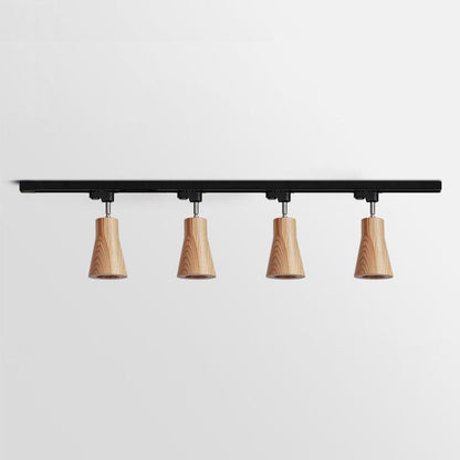 Lampa szynowa z drewnianymi kloszami