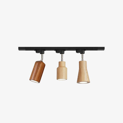 Lampa szynowa z drewnianymi kloszami