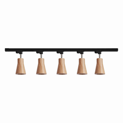 Lampa szynowa z drewnianymi kloszami