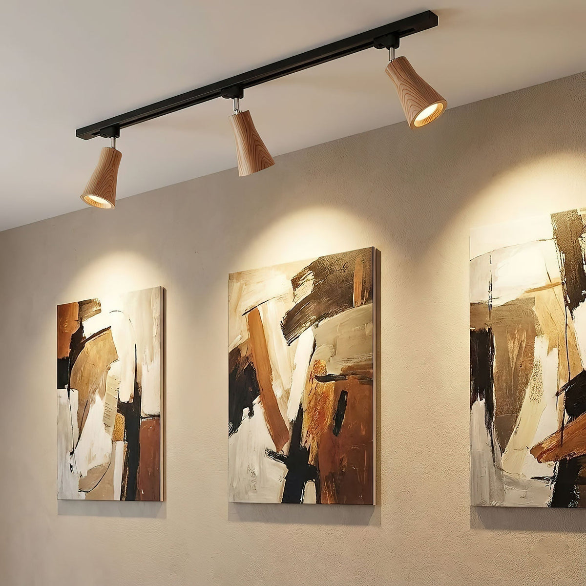 Lampa szynowa z drewnianymi kloszami