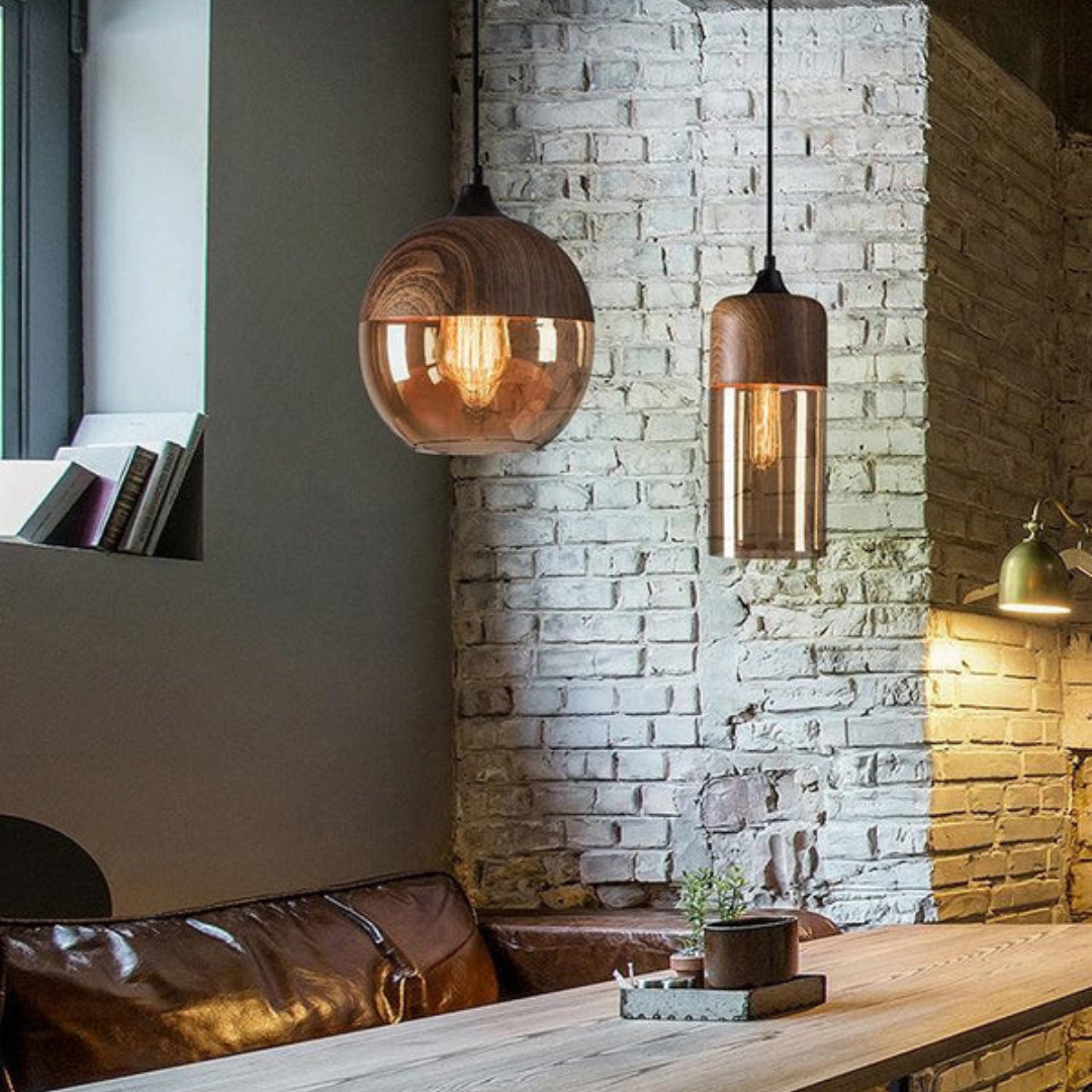 Wood-and-glass pendant light