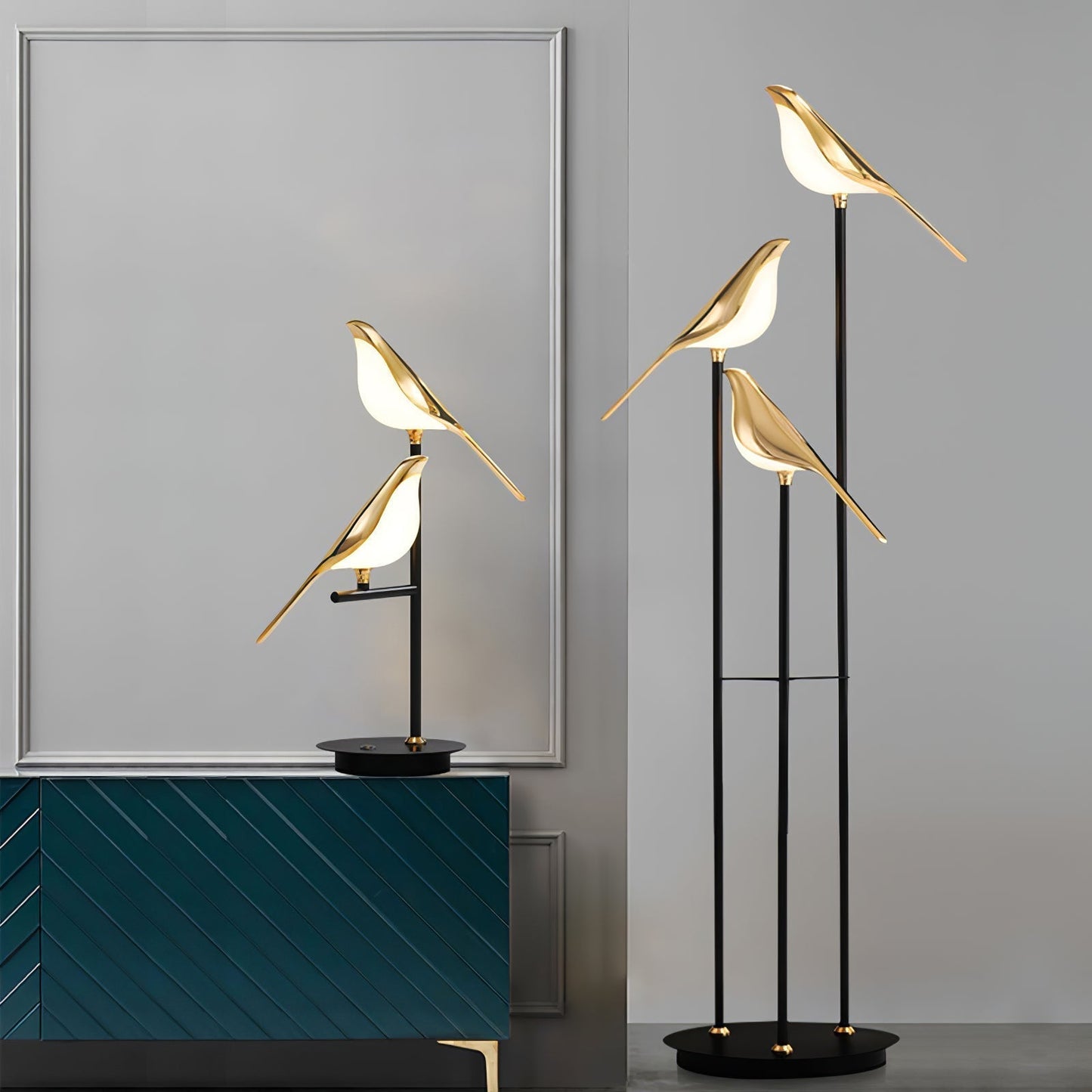 Lampa podłogowa LED z motywem ptaka, zintegrowane oświetlenie i przełącznik