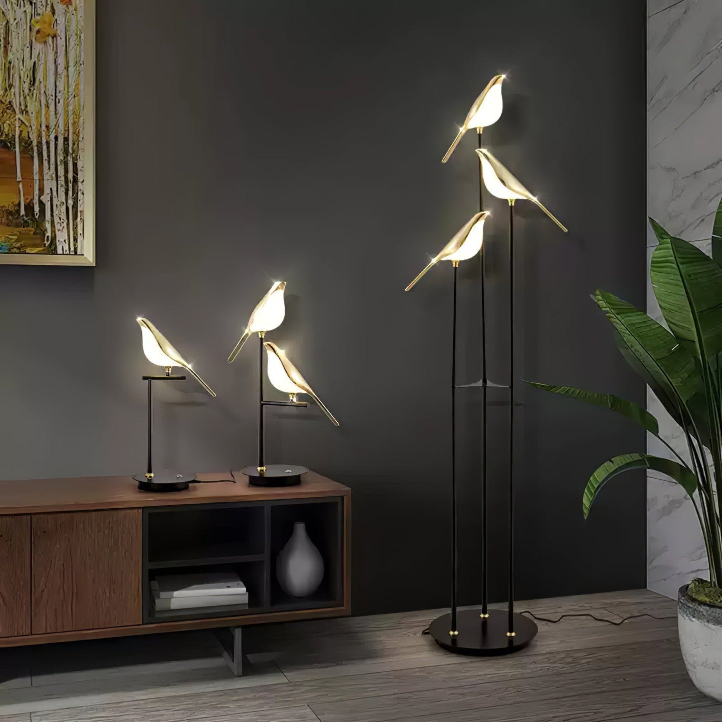 Lampa podłogowa LED z motywem ptaka, zintegrowane oświetlenie i przełącznik