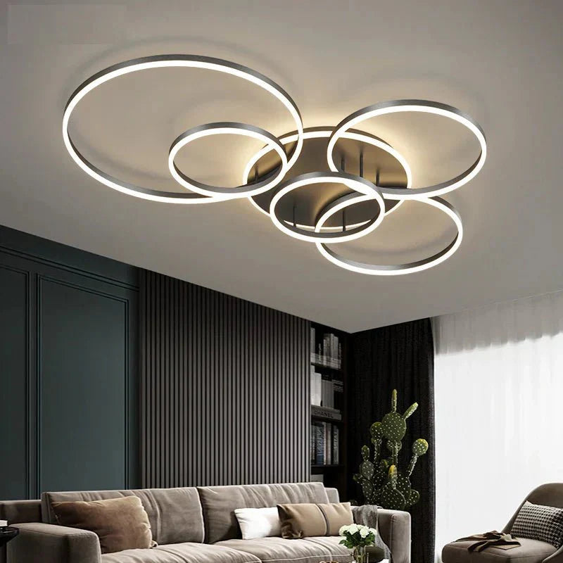 Lampa sufitowa LED z pierścieniami, ściemnianie pilotem, do dużych pomieszczeń