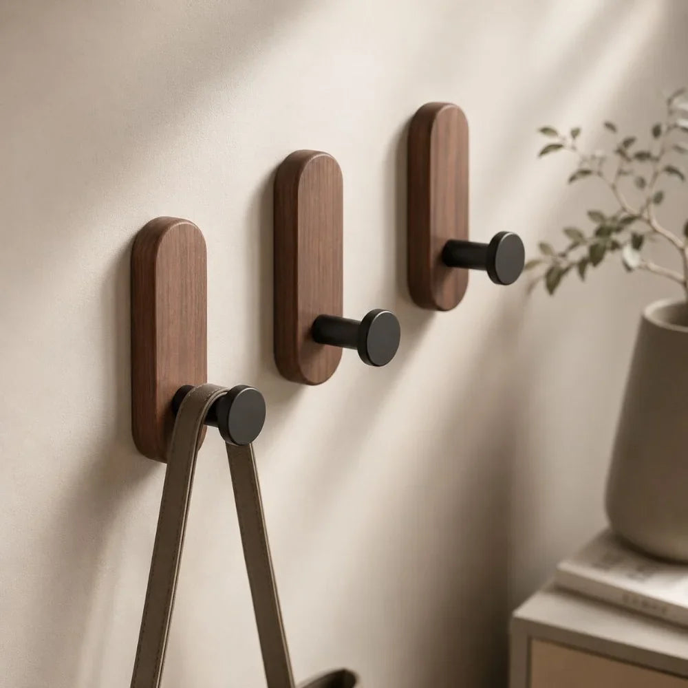 Self-adhesive wall hooks with wood
