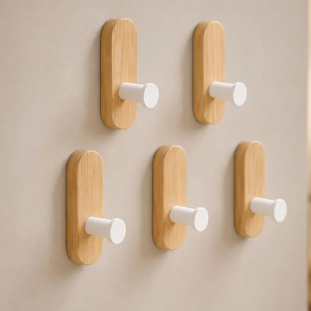 Self-adhesive wall hooks with wood