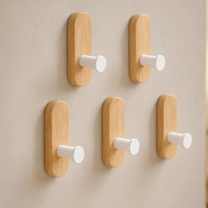 Self-adhesive wall hooks with wood