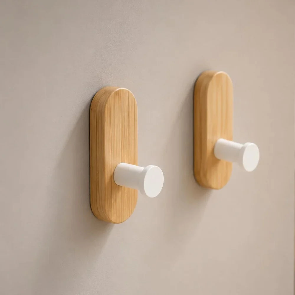 Self-adhesive wall hooks with wood