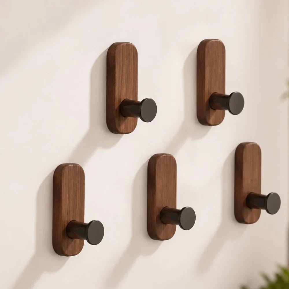 Self-adhesive wall hooks with wood