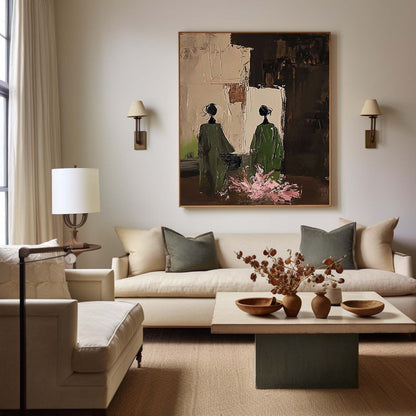 Tableau sur toile avec deux personnages dans la verdure